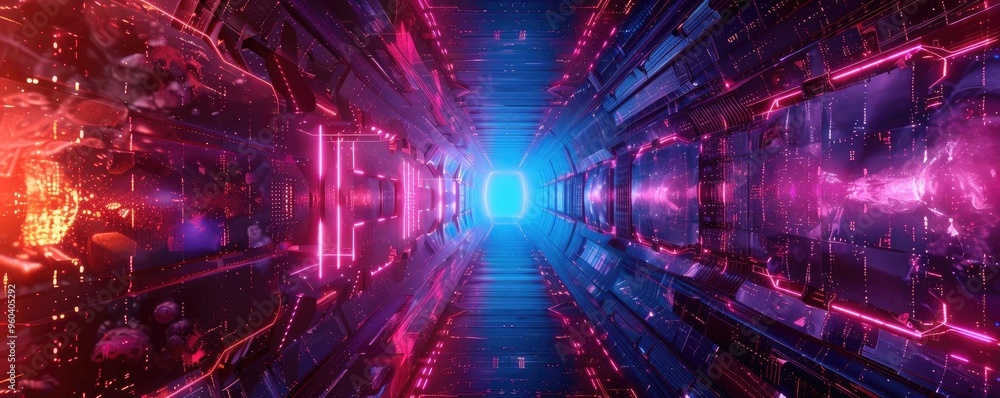 Poster A vibrant, futuristic tunnel filled with neon lights and glowing patterns, creating an immersive digital experience.