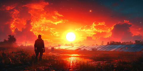 Obraz premium Silhouetted figure gazes at a fiery sunset over a field of solar panels.