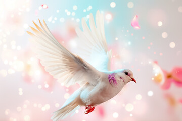 Fototapeta premium The dove flies elegantly through the air amidst a dreamy pastel backdrop, surrounded by gentle petal confetti, capturing a tranquil and uplifting moment