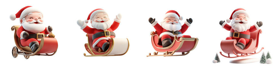 Four Santa Claus figurines riding sleighs on a transparent background. Ideal for Christmas decorations, crafts, or festive winter scenes.
