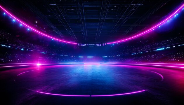 Expansive sports arena with futuristic design, LED light strips, and digital screens