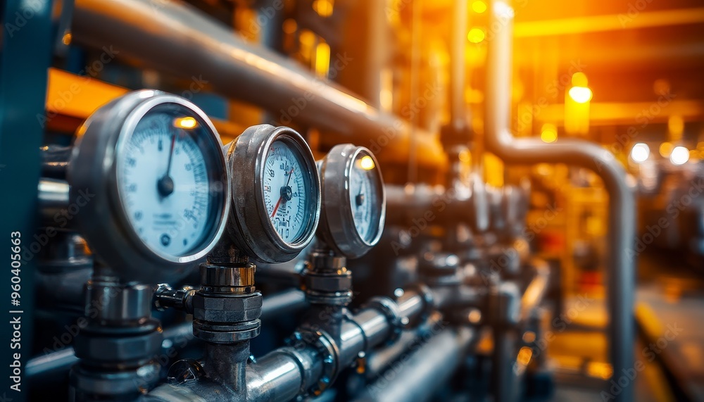 Wall mural a close-up view of industrial pressure gauges and pipes, showcasing equipment used in manufacturing 