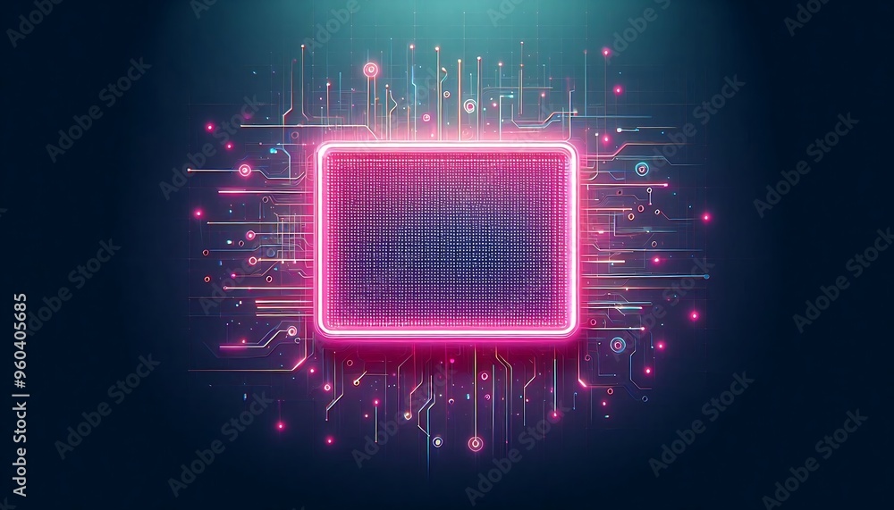 Poster a computer screen with a pink square in the middle. the square is surrounded by a lot of blue and pi