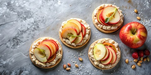 Healthy breakfast with peanut butter and apple sandwiches on rice cakes top view on grey concrete background with copy space