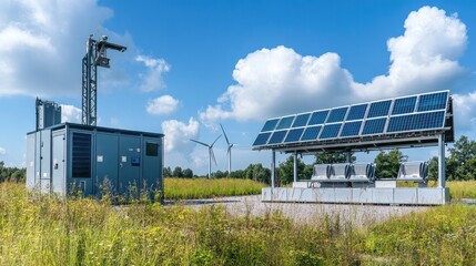 Obraz premium A modern energy facility featuring solar panels and wind turbines, showcasing renewable energy technology under a bright blue sky.