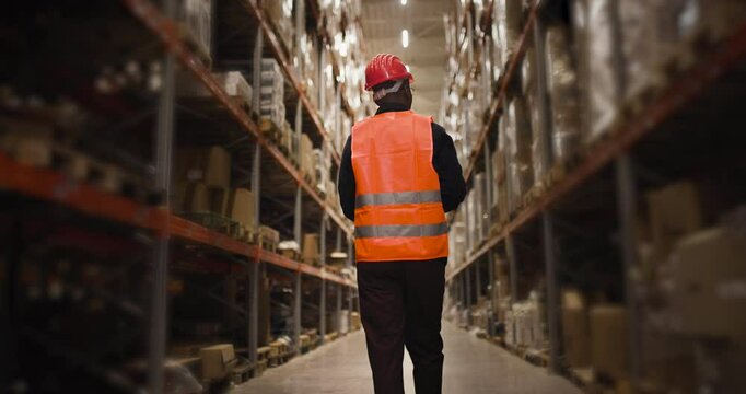 Warehouse worker wearing safety vest and helmet inspects inventory while walking through large storage aisle with shelves of boxes and packages in distribution center.