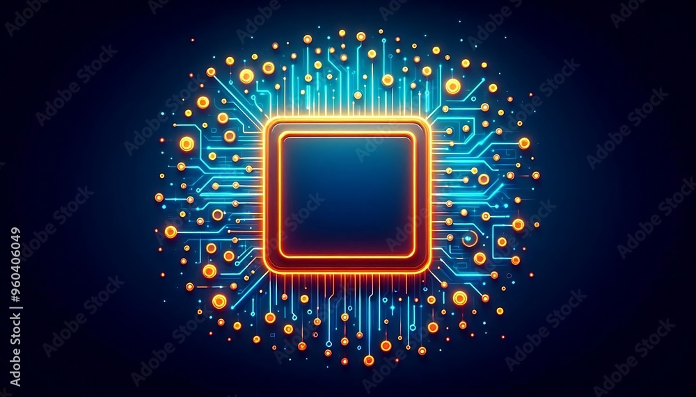 Poster a computer chip with a blue background and orange and blue lights. the chip is empty and surrounded 