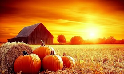 Autumn Harvest Celebration: Golden Fields and Rural Farm Scene Embracing Seasonal Abundance. Symbolic Imagery of Agricultural Traditions, Bountiful Crops, and Pumpkins Amidst Picturesque Countryside. 