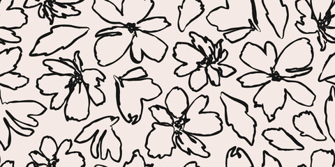 Flower seamless background. Abstract hand drawn lines floral pattern. Modern print in black and white. Ideal for textile design, fabric printing, wallpaper, decoration, cards, and posters.
