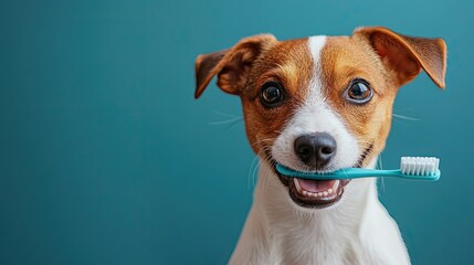 Portrait of an artisitic puppy with a toothbrush on blue
