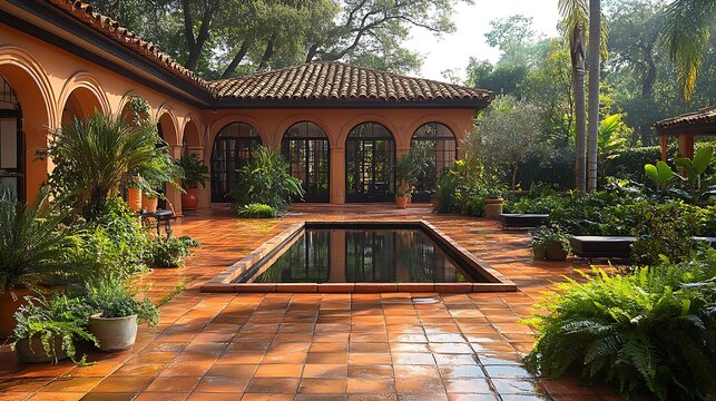 A tranquil Mediterranean patio with terracotta pavers and olive trees, a central water feature reflecting the golden afternoon sun, lush green plants surrounding the space,