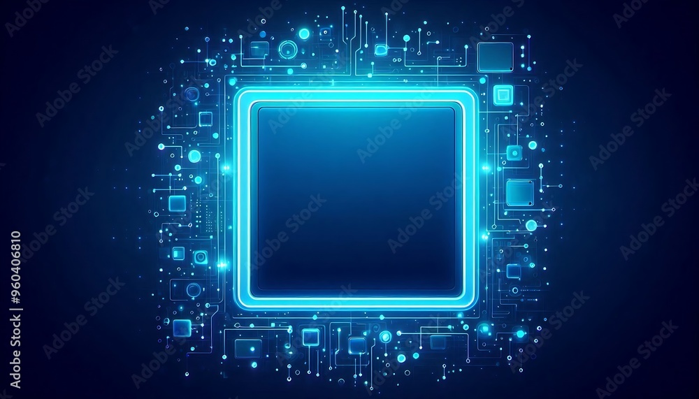 Poster a blue square with a lot of small squares and dots surrounding it. the squares and dots are all diff