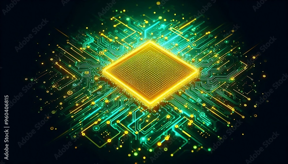 Poster a computer chip is shown in a green and yellow color scheme. the image is abstract and futuristic, w