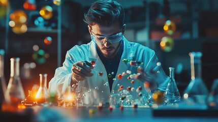A focused scientist wearing safety glasses examines a molecular model in a laboratory, surrounded by chemical compounds and scientific tools.