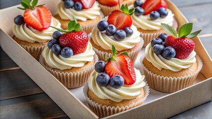 Close up of holiday cupcakes with strawberries and blueberries in a gift box, perfect for a sweet shop present