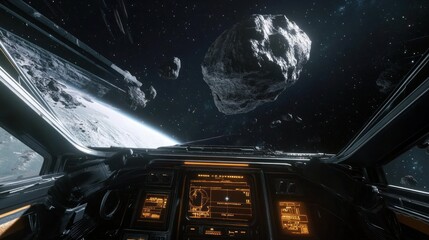 The crew's first view of the asteroid from the cockpit, a massive, menacing rock floating in space, their expressions a mix of awe and fear, the dark void of space around them