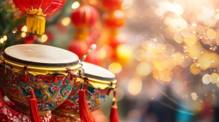 Fototapeta premium A vibrant display of traditional drums adorned with colorful patterns, surrounded by festive lanterns and a bokeh background.