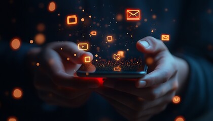 Digital Connectivity - Close-up of Hands Checking Smartphone Notifications with Illuminated Icons, High-Quality 4K Image