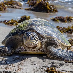 Obraz premium A turtle is laying on the beach, looking up at the sky