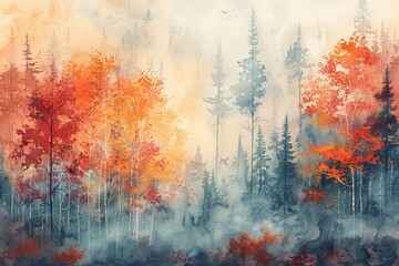 Fototapeta premium A watercolor painting of a forest with autumn leaves in shades of red and orange. The trees are shrouded in mist, creating a dreamy atmosphere.
