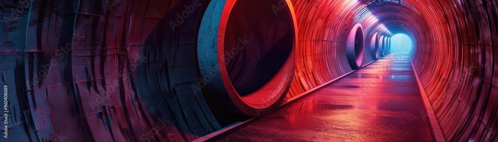 Poster vibrant tunnel illuminated with red and blue lights, creating a futuristic atmosphere and inviting e
