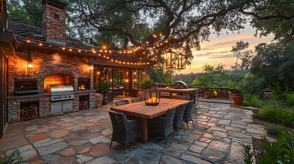 Obraz premium Alfresco dining area with large stone pavers, a rustic wooden dining table, an outdoor kitchen with a brick oven, surrounded by warm string lights and lanterns, casting a soft glow over the space,