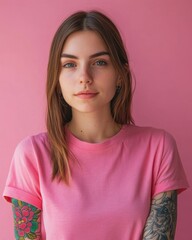 Fototapeta premium Confident girl with colorful arm tattoo in pink t-shirt against minimalist background
