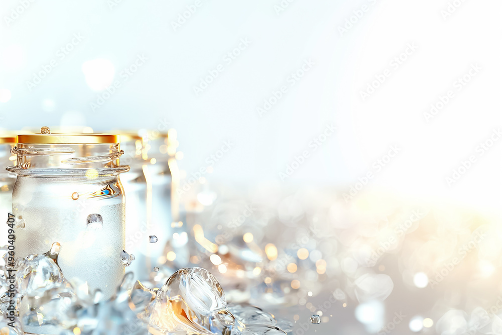 Poster three elegant jars filled with clear water glisten under soft light, surrounded by sparkling droplet