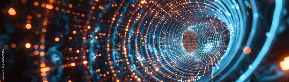 Poster abstract composition featuring glowing lines and particles forming a tunnel, representing technology