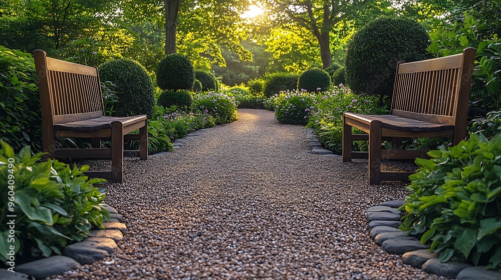 Wall mural An elegant English countryside garden with gravel pavers winding through lush greenery, neatly trimmed topiary trees, traditional wooden garden benches, and soft sunlight filtering through the trees,