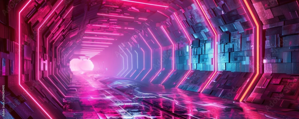 Poster futuristic tunnel illuminated by vibrant neon lights, creating a colorful and surreal atmosphere wit
