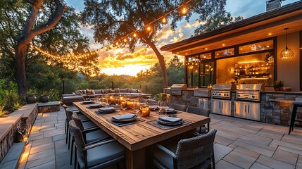 An elegant alfresco dining patio with smooth stone pavers, a large rustic wooden dining table set for an evening meal, an outdoor kitchen in the background, warm string lights hanging overhead,
