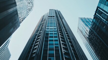 Upward view of sleek modern skyscrapers with glass facades rising into the sky, showcasing urban architecture and city development.