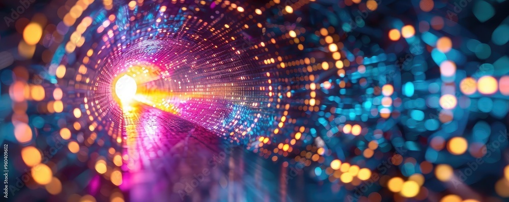 Poster a vibrant digital tunnel filled with colorful lights, representing the concept of technology and inn