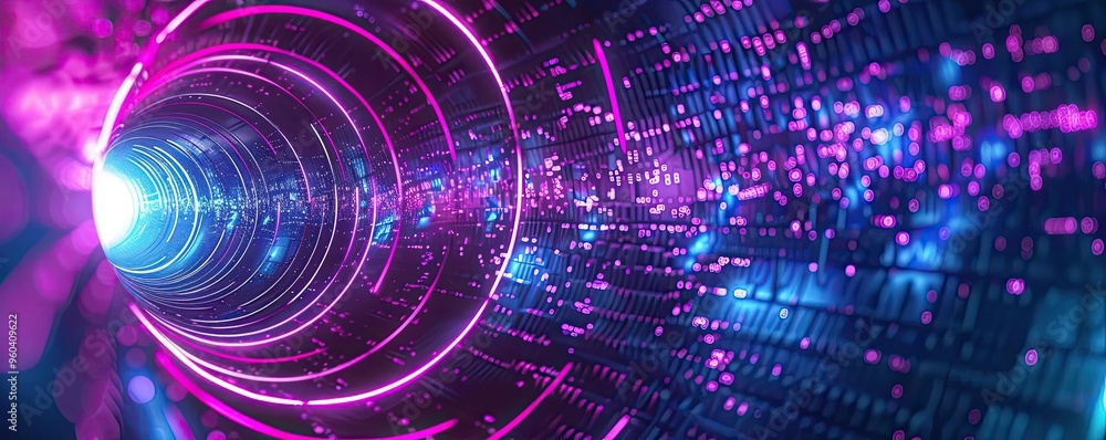 Poster A vibrant digital tunnel with glowing lights and data streams, creating a futuristic and abstract visual experience.