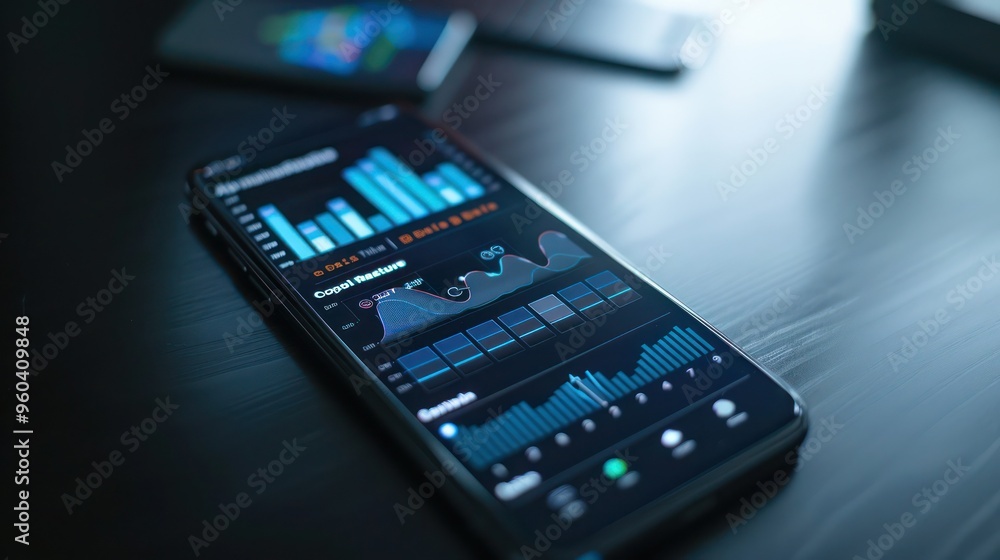 Poster modern smartphone with data analytics app interface on the screen.