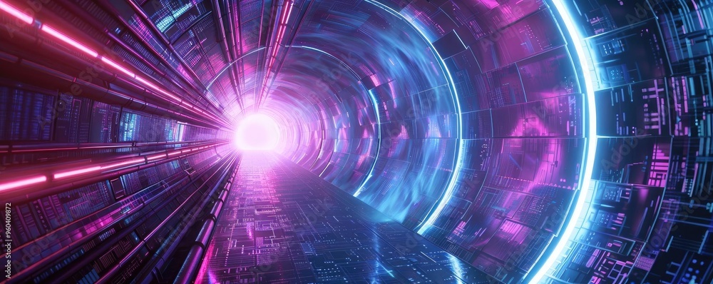 Poster A futuristic tunnel illuminated with vibrant neon lights creating a surreal and dynamic atmosphere. Perfect for sci-fi themes.
