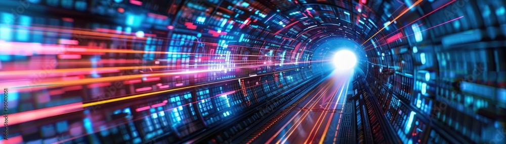 Poster a captivating digital tunnel with vibrant lights and glowing lines, symbolizing speed and technology