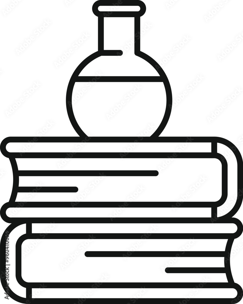 Poster line art vector of a flask standing on a stack of books, representing the pursuit of knowledge and s