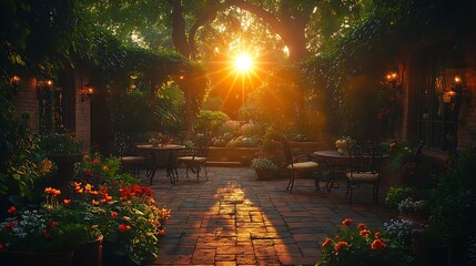 Fototapeta premium An elegant vintage garden with aged brick pavers, ornate iron chairs and tables, climbing ivy draping over the old stone walls, colorful wildflowers blooming along the edges,