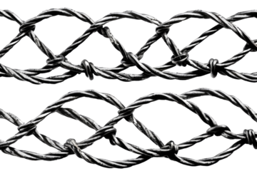 Barbed wire in full length, isolated against a stark white background, capturing the entirety of its coiled form with precision, with a focus on the harsh details of metal texture