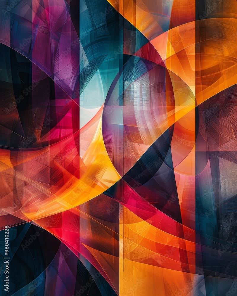 Poster abstract art with vibrant colors and geometric shapes. intersecting lines and curves create a dynami