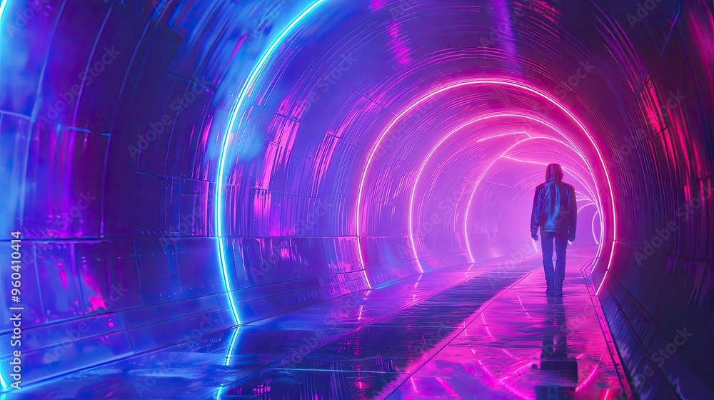 Poster A man walks through a vibrant tunnel illuminated by neon lights, creating a futuristic and surreal atmosphere.