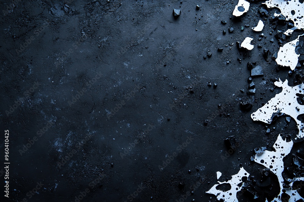 Poster abstract dark texture with remnants of white shards on a black surface, ideal for backgrounds or mod