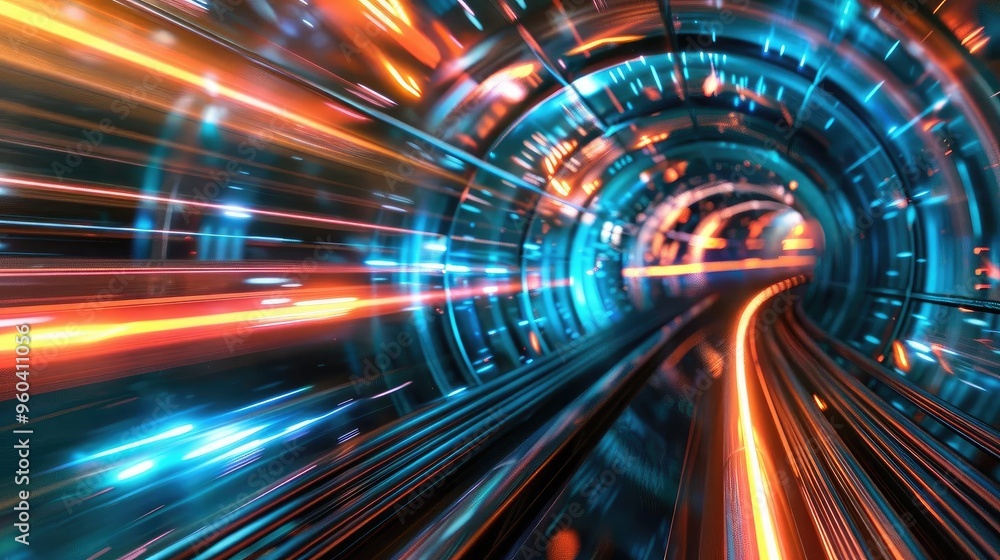 Poster Futuristic tunnel with vibrant lights and motion blur, creating a dynamic and immersive experience.