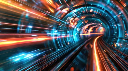 Obraz premium Futuristic tunnel with vibrant lights and motion blur, creating a dynamic and immersive experience.