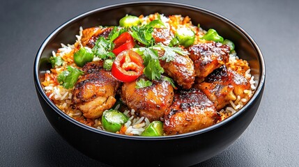 Fototapeta premium Aerial Delight: Colorful Indian Biryani with Juicy Chicken and Fragrant Spices