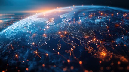 Fototapeta premium Digital world globe, concept of global network and connectivity on Earth, high speed data transfer and cyber technology, information exchange and international telecommunication Digital world globe