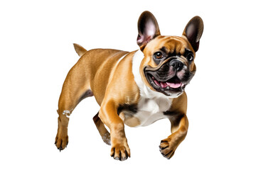 Obraz premium French Bulldog captured mid-jump, front paws elegantly positioned, centered and isolated against a pure white backdrop, motion blur emphasizing the action, frozen in time