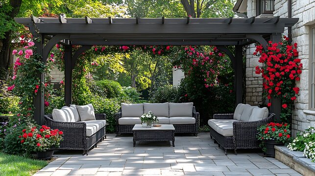 Classic patio design featuring smooth bluestone pavers, wrought iron furniture, a white pergola adorned with vibrant climbing roses, soft sunlight creating a serene and elegant garden atmosphere,